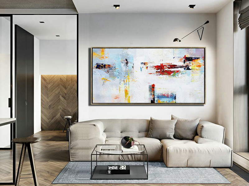 Original Extra Large Wall Art,Horizontal Palette Knife Contemporary Art Panoramic Canvas Painting,Bedroom Wall Decor,Grey,White,Red,Yellow.etc